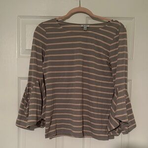 Gray and Light Pink Striped Bell Sleeve Blouse